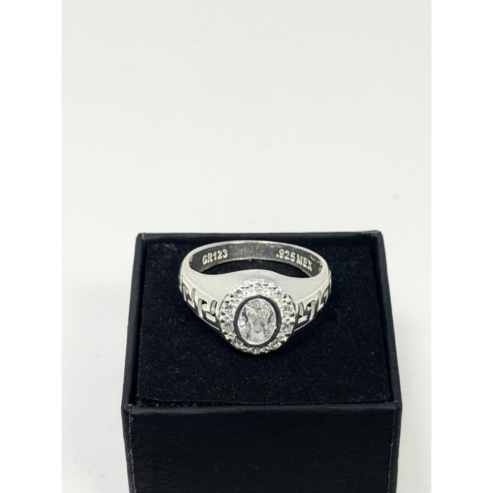 Mexico 925 Sterling Silver Greek Key Signet Ring Size 9.5 CZ Halo